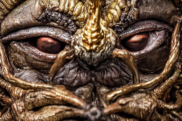 Prompt: photo taken of an epic intricate, ultra detailed, super realistic sculpture of a nightmarish hellish demonic creature on display in a workshop, created by weta workshop, zoomed in shots, photorealistic, sharp focus, f 0. 4, face centred, macro photography, golden ratio, golden hour