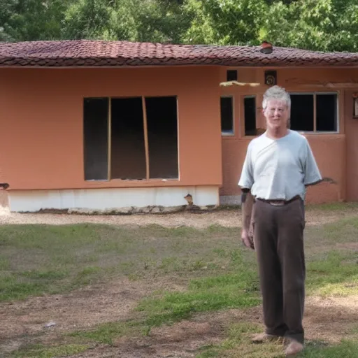 Image similar to a man standing proudly in front of a really badly built house