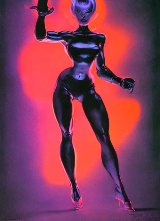 Image similar to female evil android, neon hair, glowing skin, strong line, saturated color, beautiful! coherent! by frank frazetta, high contrast, minimalism