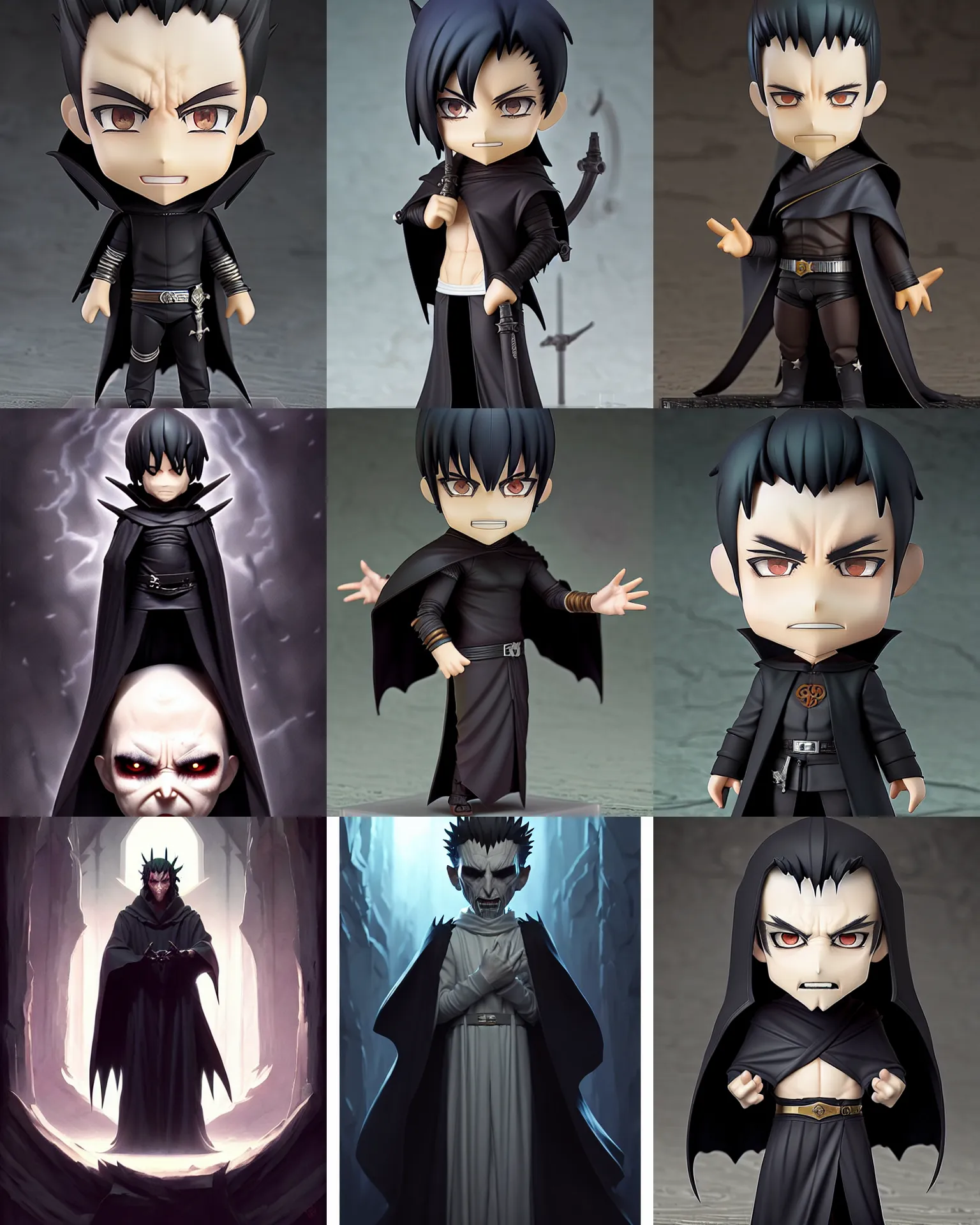 Prompt: nendoroid pale tall man, dark spiky hair, demonic black eyes, wearing dark robes | | realistic shaded, fine details, realistic shaded lighting poster by greg rutkowski, diego gisbert llorens, magali villeneuve, artgerm, jeremy lipkin and rob rey