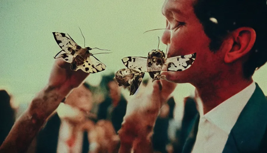 Image similar to 7 0 s movie still of a man with moths in the mouth, cinestill 8 0 0 t 3 5 mm eastmancolor, heavy grain, high quality, high detail