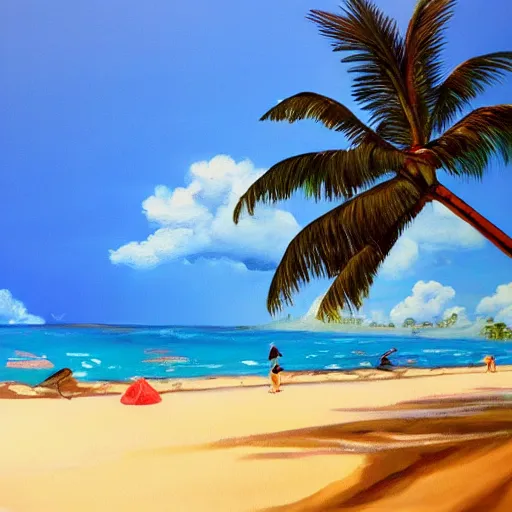 Image similar to A beautiful award winning painting of a tropical beach with palm trees and blue ocean, trending on artstation