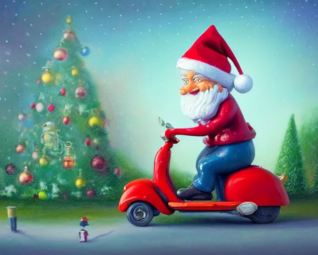 Prompt: a garden gnome driving an italian scooter, wearing a long scarf, windy, pastel colors, nicoletta ceccoli, mark ryden, lostfish, max fleischer, depth of field, detailed and intricate environment, golden hour, 8 k resolution, hyperrealistic, octane render, vivid colors, bright, cheerful, detailed and intricate christmas environment