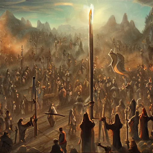 Prompt: a crowd of medieval people with Pitchforks and torches standing on clouds, higly detailed, ambient lighting, mystic, rpg artwork