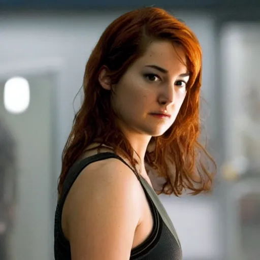 Image similar to A still of Shailene Woodley as Black Widow in Iron Man 2 (2010), close-up