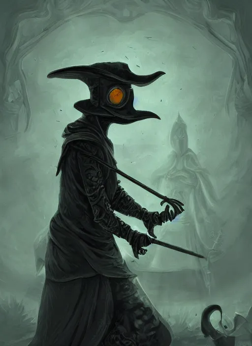 Image similar to a highly detailed illustration of plague doctor mask wearing woman, wearing black robe, wielding large scythe, surrounded by green mist background, intricate, elegant, highly detailed, centered, digital painting, artstation, concept art, smooth, sharp focus, league of legends concept art, WLOP
