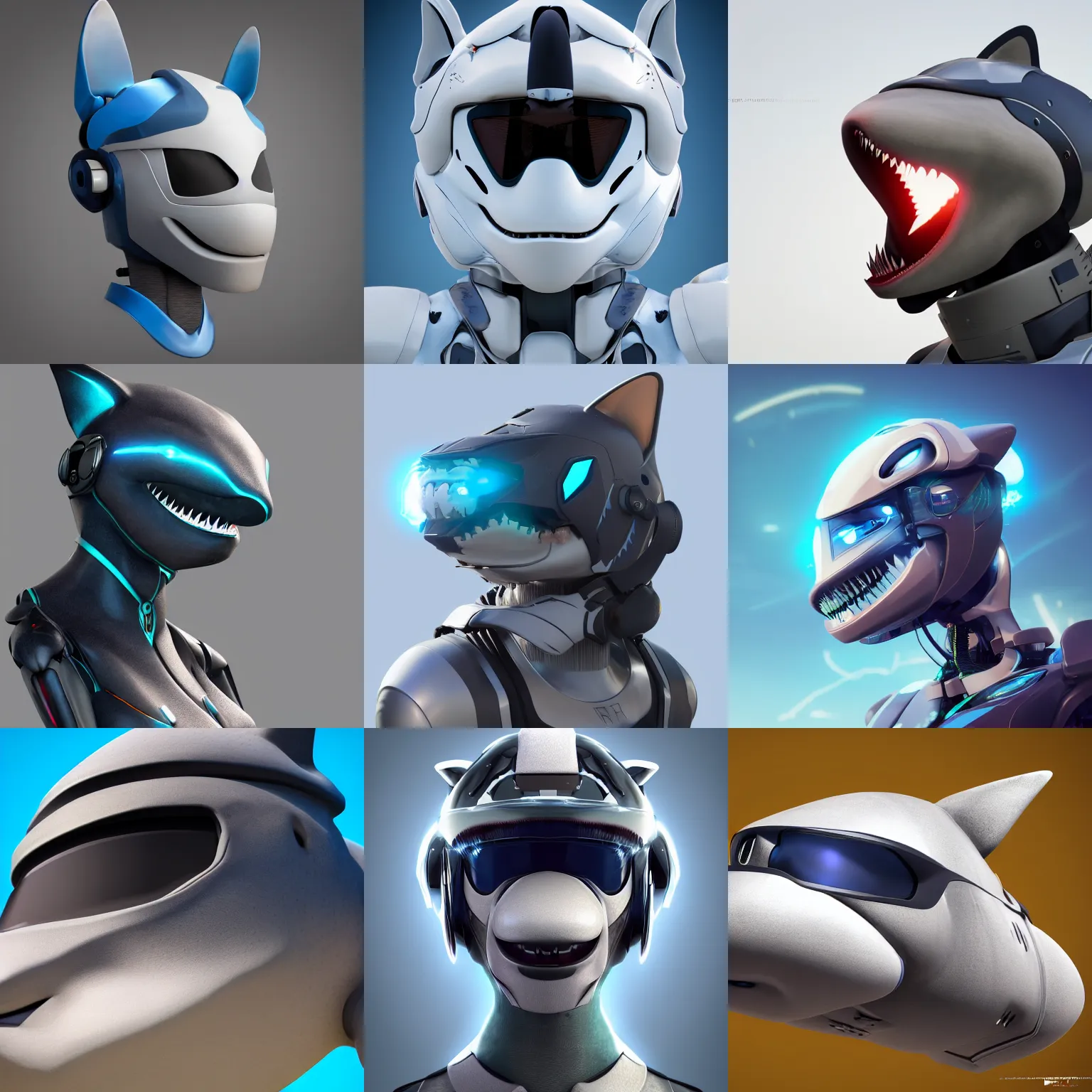 Prompt: very very beautiful furry art, bust profile picture of a robotic anthro shark, visor screen for face, truncated snout under visor, commission on furaffinity, cgsociety, octane render