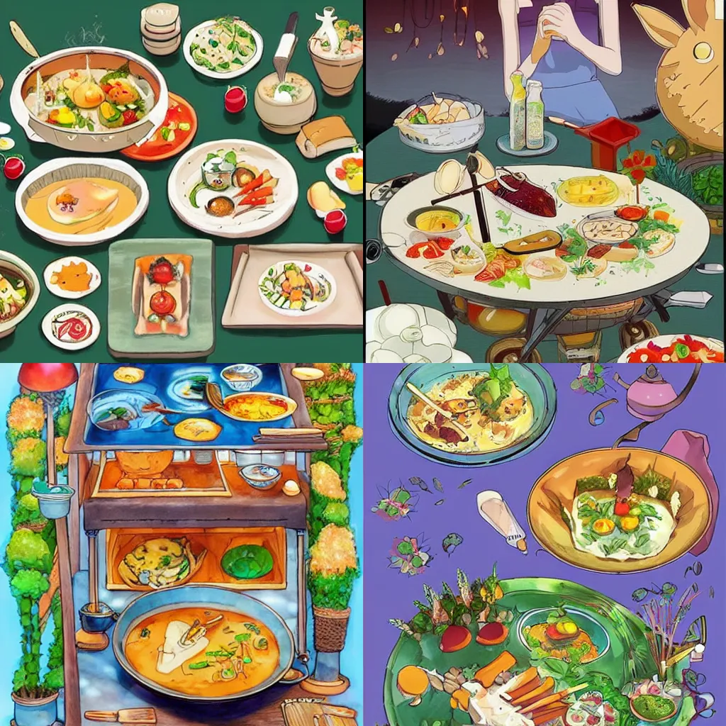Prompt: a delicious beautiful dish of food, amazing food illustration, chef table, in style of studio ghibli, miyazaki, anime