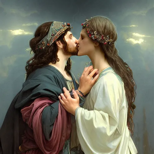 Image similar to jesus kissing a maria maddalena, intricate, elegant, highly detailed, digital painting, artstation, concept art, matte, sharp focus, illustration, art by artgerm and greg rutkowski and alphonse mucha