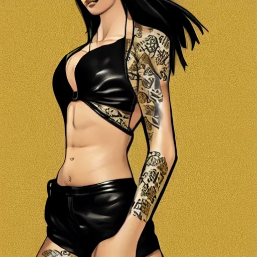 Image similar to yakuza slim girl, gold suit jacket in snake print, jacket over bare torso, yakuza tattoo on body, black short curtain haircut, black leather pants with black belt, elegant, 2d, ultra highly detailed, digital painting, smooth, sharp focus, artstation, art by Ilya Kuvshinov