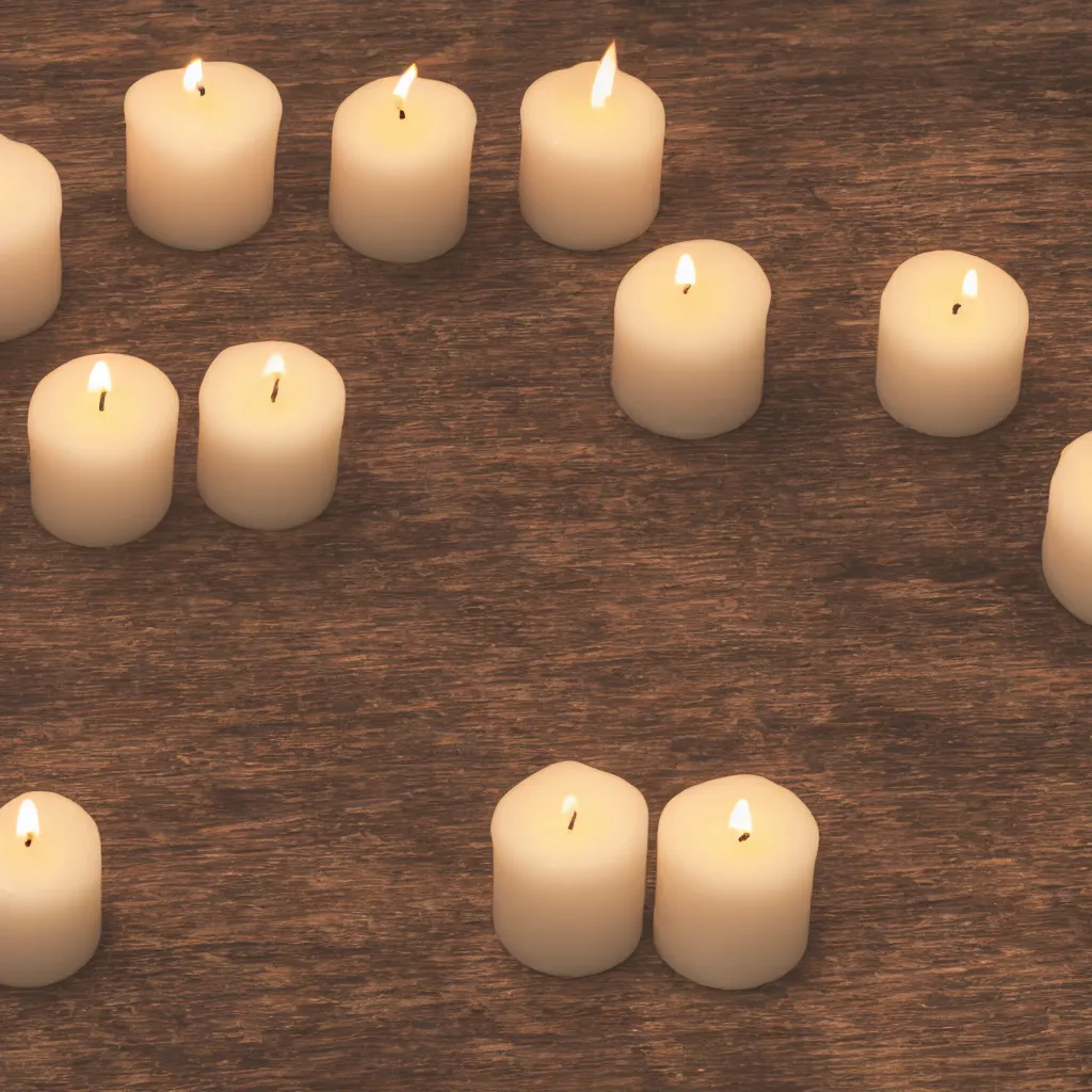 Prompt: close - up view of candles on top of a wooden table, 8 k, high detail, photorealistic, proper shading, gorgeous view