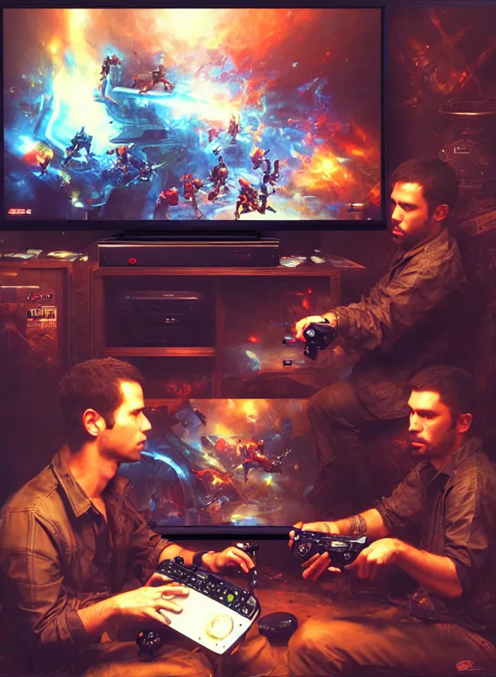 Prompt: Portrait of men playing video games on CRT television using Atari joysticks. Painting by Raymond Swanland. Intricate details. hyper realism. Masterpiece.