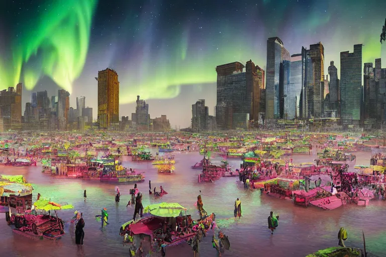 Image similar to floating markets of times square on new york on danakil depression with acid pools in grand mount roraima during sakura season on an interstellar aurora borealis, pink waterfalls, vendors, festivals, fun, by peter mohrbacher, james jean, james gilleard, greg rutkowski, vincent di fate, rule of thirds, octane render, beautiful landscape