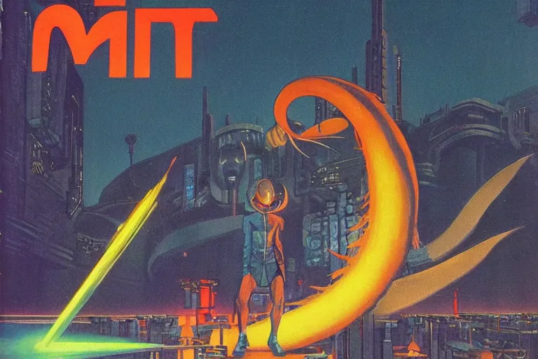 Image similar to 1979 OMNI Magazine Cover of a humid dragon mage in neo-tokyo style by Vincent Di Fate