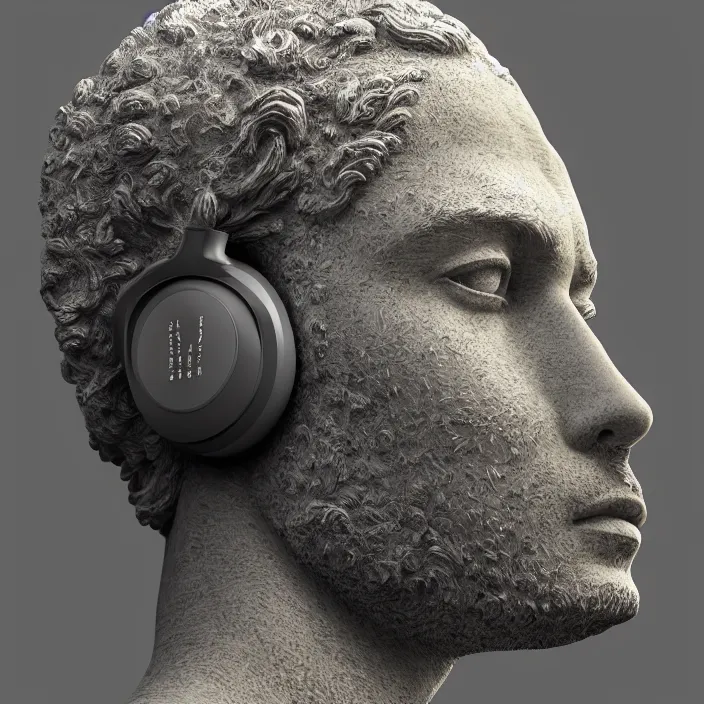 Prompt: stoic statue wearing headphone, vaporwave, aesthetic, naturel, symmetrical face, hyper detailed, digital sculpture, trending in artstation, cinematic lighting, studio quality, smooth render, unreal engine 5 rendered, octane rendered, art style by klimt and nixeu and ian sprigger and wlop and krenz cushart