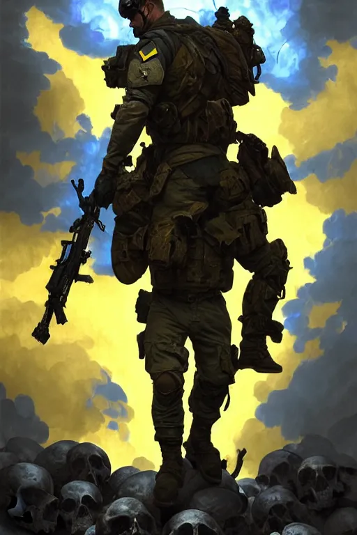 Image similar to special forces soldier with ukrainian blue yellow flag standing on a pile of skulls as a winner, masculine figure, d & d, fantasy, bright atmosphere, volumetric lights, intricate, elegant, extremely detailed, digital painting, artstation, concept art, matte, smooth, sharp focus, hyper realistic, illustration, art by artgerm and greg rutkowski and alphonse mucha