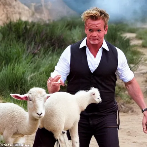 Image similar to candid shot of gordon ramsey is indiana jones finding the lamb sauce, indiana jones