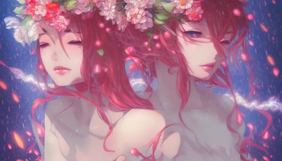 Prompt: anime girl, flowers, rain, lightning, storm, digital painting, illustration by james jean and artgerm and mina petrovic and timothy kong and marina federovna, artstation