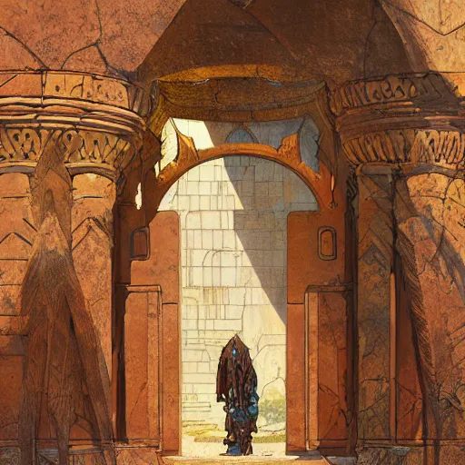 Image similar to art nouveau gate leading into rock-cut cyberpunk temple with Nabatean geometric decorations, figures cloaked in robes standing outside, hardy desert bushes, science fiction concept art by greg rutkowski and wayne barlowe and alphonse mucha