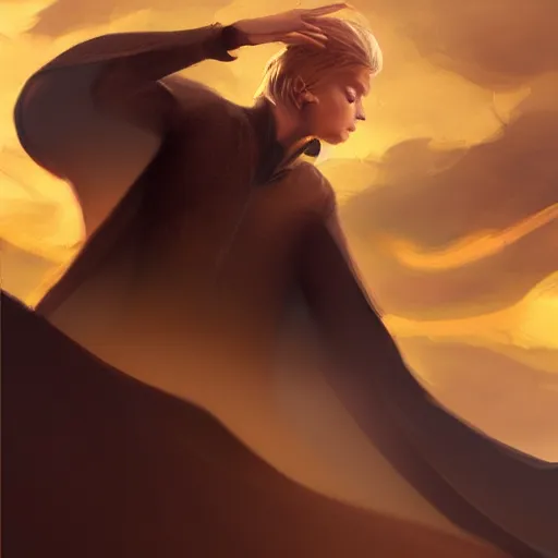 Image similar to blonde boy with golden eyes wearing a brown cape and flying in t pose, energy background, brush strokes, greg rutkowski