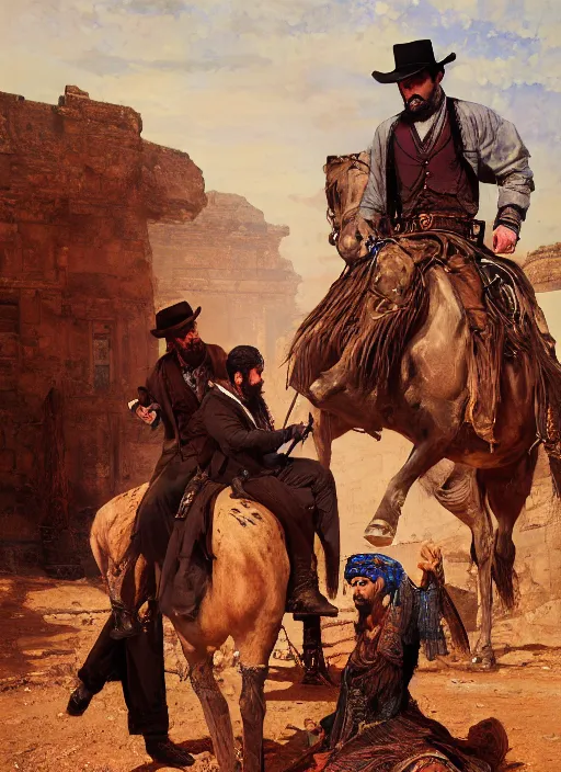 Image similar to Old west resurrectionist (rdr2, laurie greasley). Iranian orientalist portrait by john william waterhouse and Edwin Longsden Long and Theodore Ralli and Nasreddine Dinet, oil on canvas. Cinematic, hyper realism, realistic proportions, dramatic lighting, high detail 4k