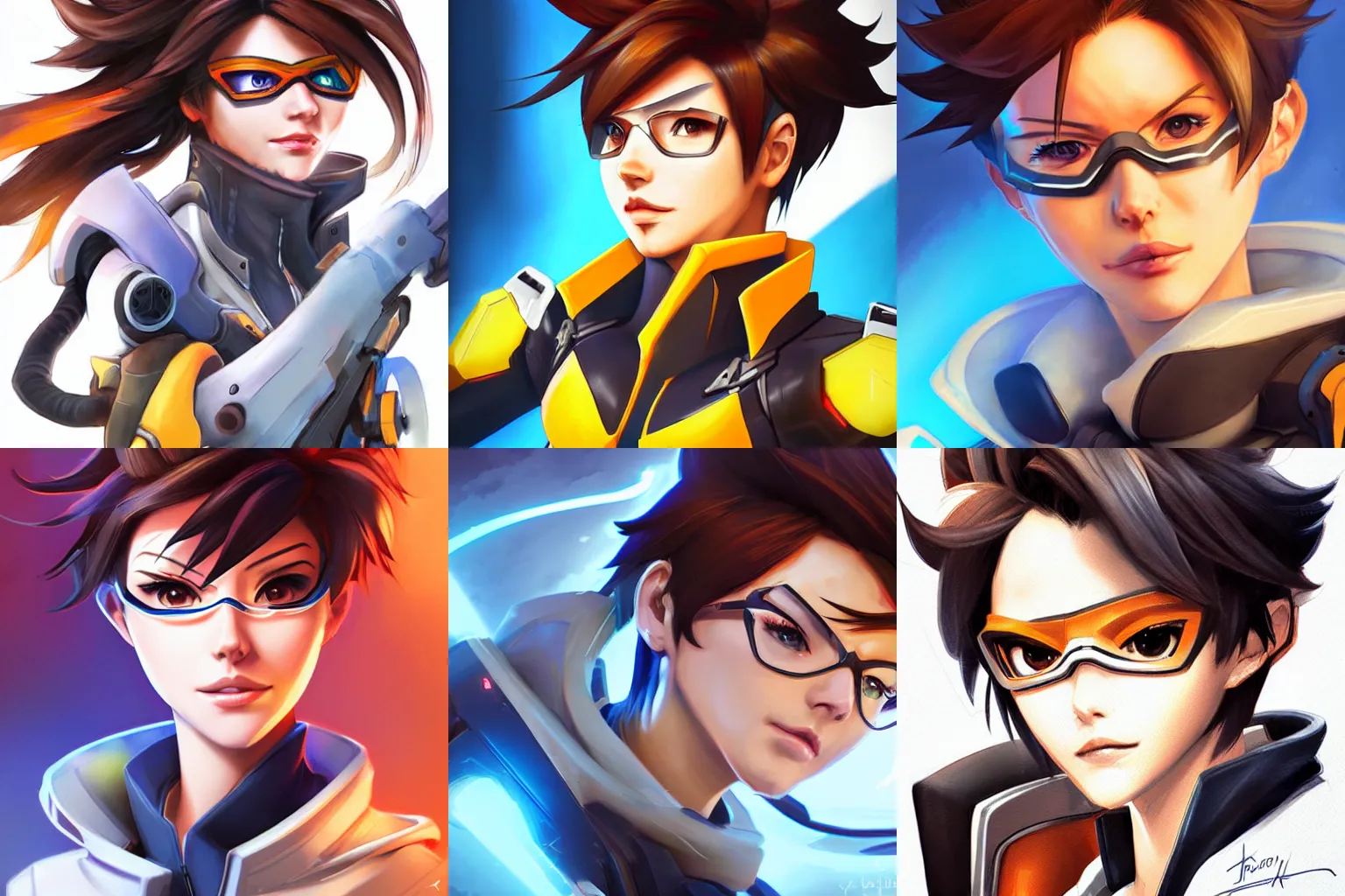 Prompt: portrait of Tracer from Overwatch, by rossdraws.