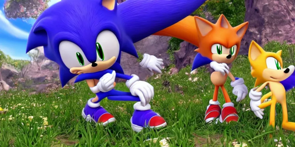 Image similar to cosmo the seedrian talking to tails in the videogame of sonic, high details, high resolution, rendered in unreal engine