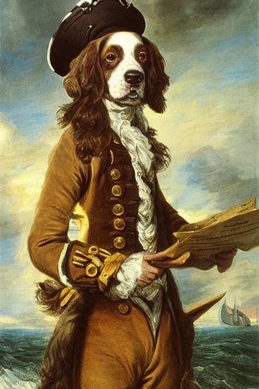 Image similar to A painted portrait of an entirely brown springer spaniel with no white hair, wearing a sea captain's uniform and hat, stood aboard a ship at sea, by Thomas Gainsborough, elegant, highly detailed, anthro, anthropomorphic dog