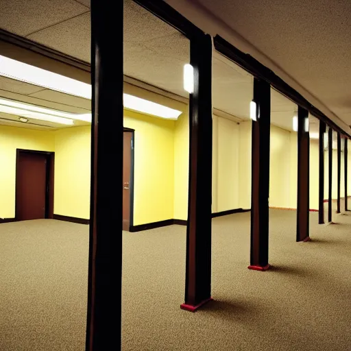 Image similar to Backrooms, old moist carpet, mono-yellow, fluorescent lights, randomly segmented rooms