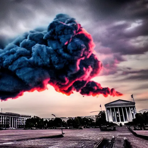 Prompt: dystopian, gloomy, destroyed washington dc, dark blue smoke, red clouds, ominous sunset, detailed, award winning, masterpiece, photograph, cinematic, hyperrealism