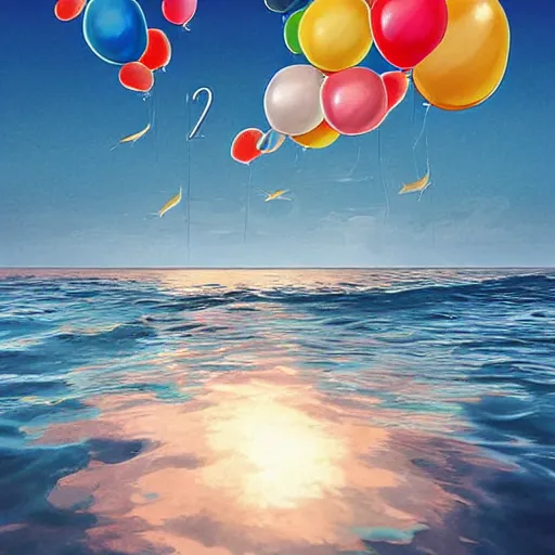 Image similar to plenty of floating birthday balloons. beautiful sea. digital art, highly - detailed, artstation cgsociety masterpiece