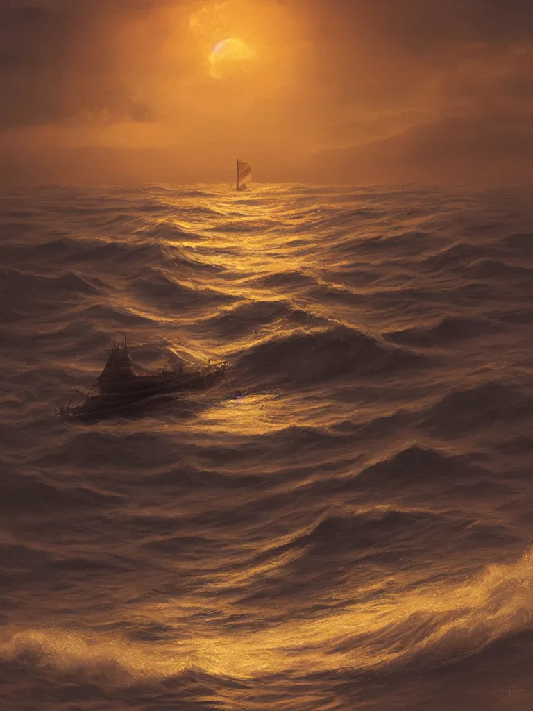 Prompt: lone ship in the ocean at night by disney concept artists, sketches, godly light, blunt borders, golden ratio