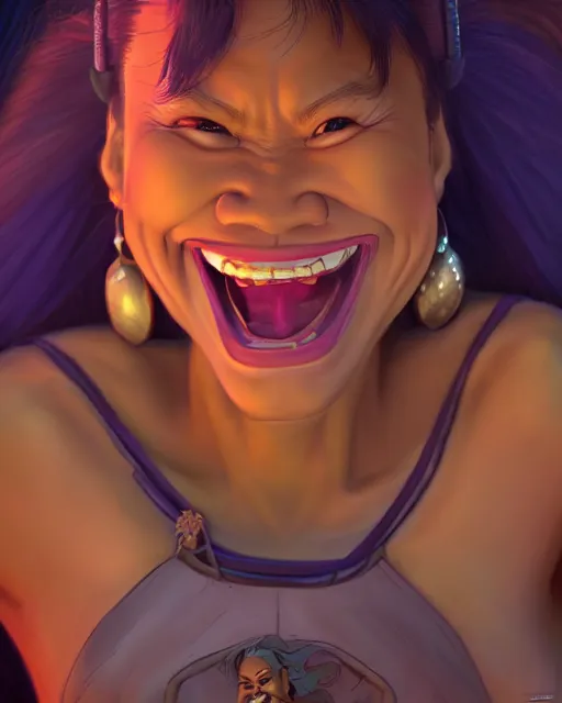 Image similar to laughing heavy - set filipina woman character portrait, by don bluth, sci - fi environment, highly detailed, dynamic shadows, 4 k, wallpaper - 1 0 2 4