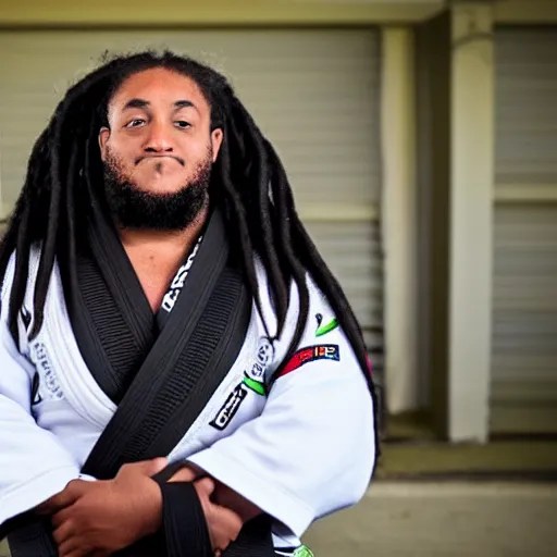 Prompt: photo of chubby black bjj athlete with long dreads posing, serious face, white belt