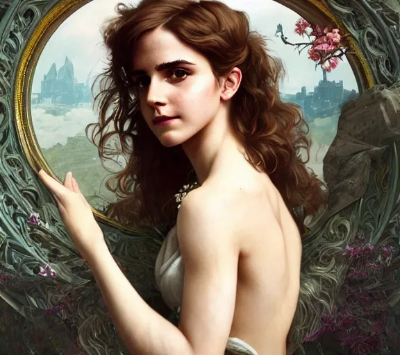 Image similar to photography of hairy emma watson with hands - up, deep focus, intricate, elegant, highly detailed, digital painting, artstation, concept art, matte, sharp focus, illustration, art by artgerm and greg rutkowski and alphonse mucha and gil elvgren