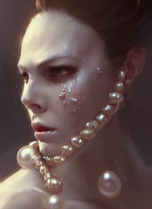 Image similar to a woman with pearls in eye sockets and glistering skin, greg rutkowski, raymond swanland, fantasy art, detailed painting, artstation