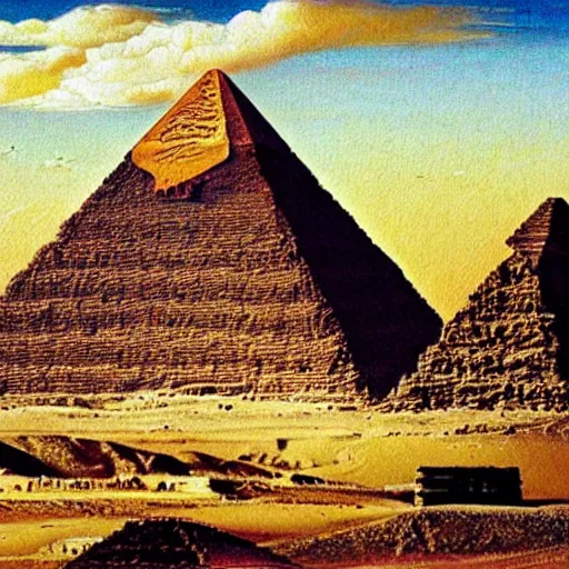 Image similar to ufo over pyramids, egyptian painting