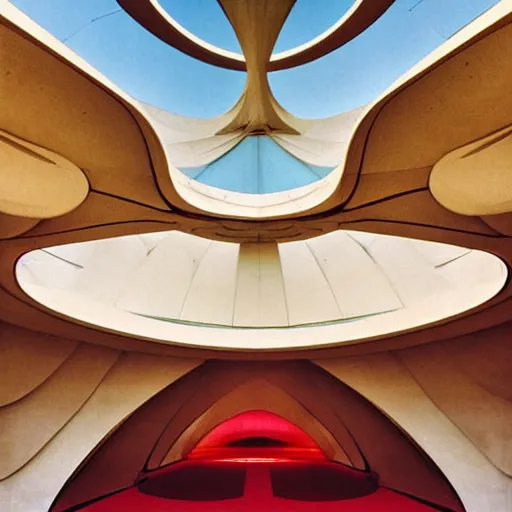 Image similar to interior of a futuristic lotus temple with gold, red and white marble panels, in the desert, by buckminster fuller and syd mead, intricate contemporary architecture, photo journalism, photography, cinematic, national geographic photoshoot