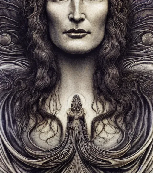 Image similar to detailed realistic beautiful young jessica lange as queen of mars face portrait by jean delville, gustave dore and marco mazzoni, art nouveau, symbolist, visionary, gothic, pre - raphaelite. horizontal symmetry by zdzisław beksinski, iris van herpen, raymond swanland and alphonse mucha. highly detailed, hyper - real, beautiful