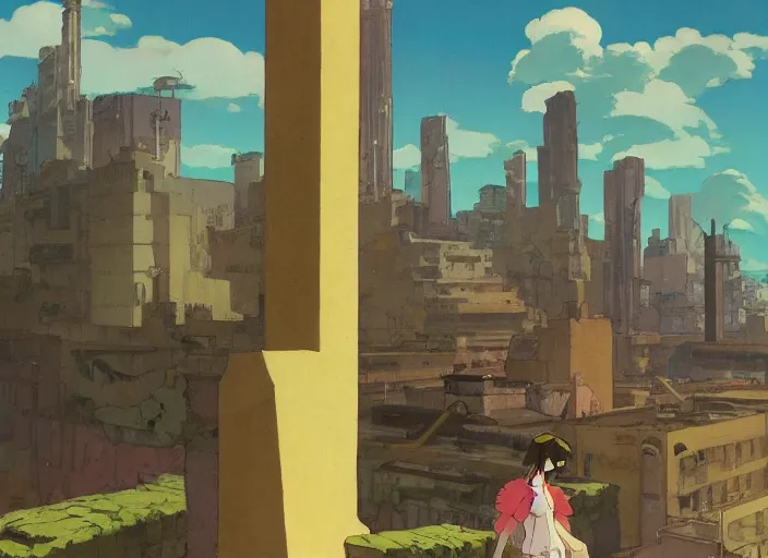 Image similar to a flower on the background of a ruined city, dieselpunk, by Studio Ghibli and Edward Hopper