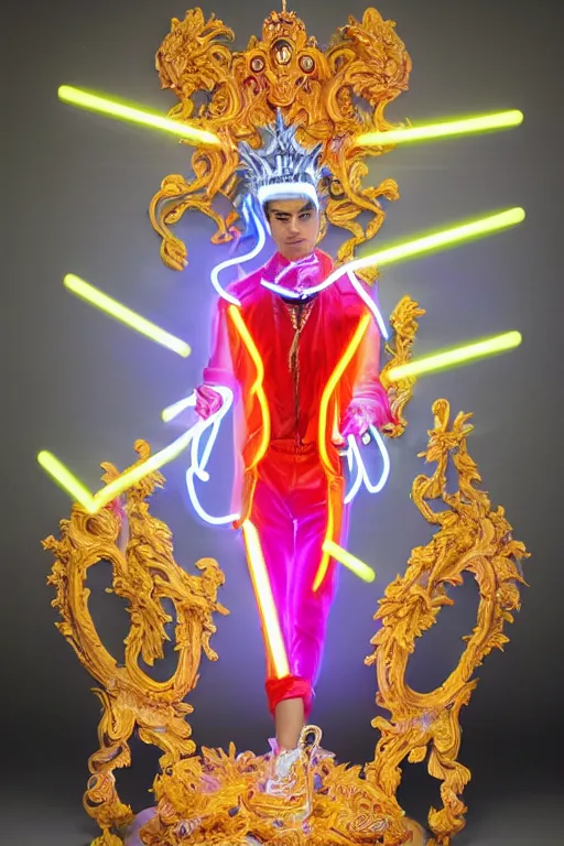 Image similar to full-body neon bladerunner porcelain baroque greek style sculpture of a young prince Zayn Malik as a high-fashion half-robot wearing retro shades with a porcelain body with an opening exposing a battery leaking radioactive liquid, electric sparks, glowing violet laser beam eyes, crown of giant rubies, flowing pink and orange neon-colored silk, luminescent fabrics, mechanical raptors. baroque and steampunk elements. full-length view. baroque element. intricate artwork by caravaggio. Very very very very highly detailed epic photo of face. Trending on artstation, octane render, cinematic lighting from the right, hyper realism, octane render, 8k, depth of field, 3D