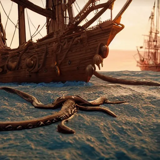 Prompt: a dead kraken on deck of a sailingship, unreal engine, octane render, style of midjourney, highly detailed