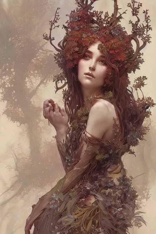 Image similar to A full portrait of an ancient noridc dryad, intricate, elegant, highly detailed, digital painting, artstation, concept art, smooth, sharp focus, illustration, art by Krenz Cushart and Artem Demura and alphonse mucha