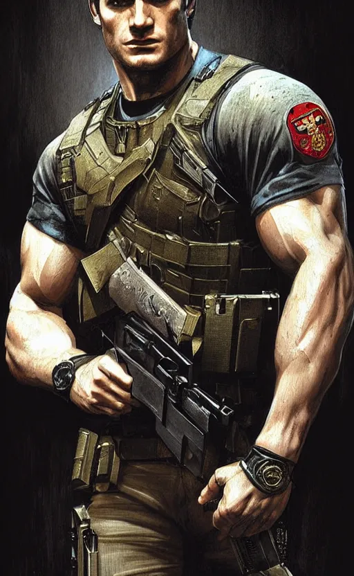 Image similar to portrait of henry cavill as chris redfield, resident evil, pistol, upper body, short sleeve, fantasy, intricate, elegant, highly detailed, digital painting, artstation, concept art, smooth, sharp focus, illustration, art by artgerm and greg rutkowski and alphonse mucha