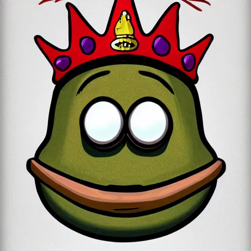 Image similar to a cartoon style bean with eyes and a mouth, holding a staff, wearing kings crown, cartoon, art, cartoon realism,