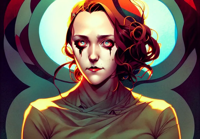 Image similar to artgerm, joshua middleton comic cover art, pretty serial killer maika monroe creepy smiling, full body, symmetrical eyes, symmetrical face, long curly black hair, abandoned house background, warm colors