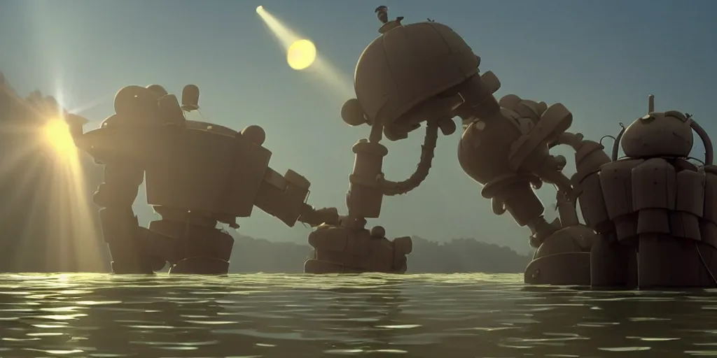 Image similar to a cell - shaded cartoon movie still from howl's moving castle ( 2 0 0 4 ) of a giant mechanical golem swaying in a flooded valley. shafts of sunlight come from above. a ufo is in the sky. wide shot, very dull muted colors, hd, 4 k, hq