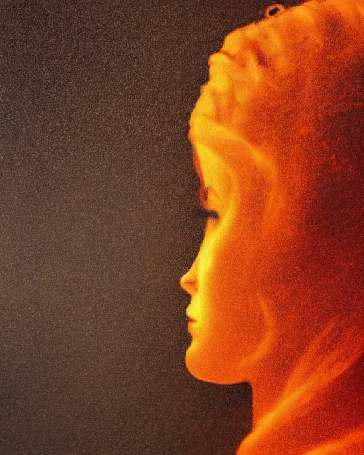 Image similar to a woman's face in profile, made of lava, in the style of the dutch masters and gregory crewdson, dark and moody