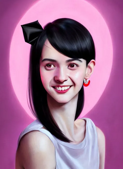 Image similar to portrait of high school girl, realistic, black hair, bangs, half updo hairstyle, pointy nose, skinny, smile, ugly, defined jawline, big chin, pink hair bow, earrings, intricate, elegant, glowing lights, highly detailed, digital painting, artstation, sharp focus, illustration, art by wlop, mars ravelo and greg rutkowski