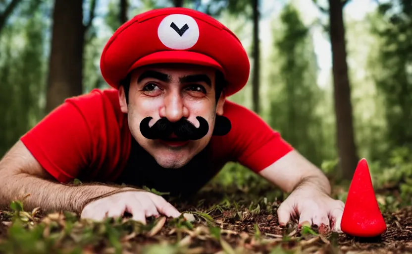 Prompt: italian man with a mustache dressed as mario wearing a solid red mario hat, crawling on the ground, excited face, eyes rolled back, drooling, licking a red mushroom with white spots, in a forest, photography, 5 0 mm lens, f 1. 8